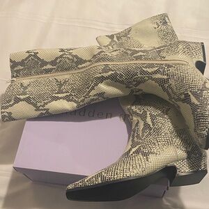 Madden Girl Black and Cream Snakeskin Heeled Boots